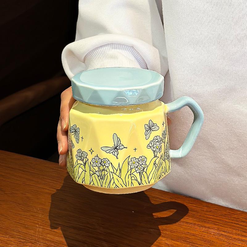 

Butterfly Large Capacity Cup Ceramic Mug with Lid Coffee Cup High Appearance Afternoon Tea Cup Drinking Water Cup Gift 480ML