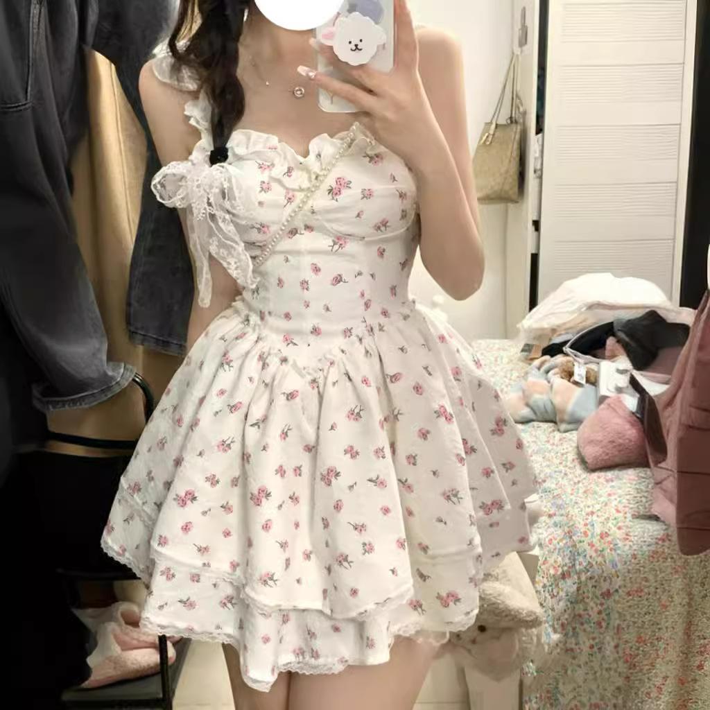 White Floral Suspender Dress Female Summer Hottie Sexy Pure Wind Waist Thin Tutu Skirt Sweet and Spicy Wind Skirt