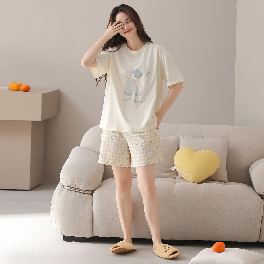 Pure Cotton Pajamas Women's 1011 New Spring and Summer Plaid Cute Short Sleeves Loose and Thin Large Size Can Be Worn Outside Loungewear