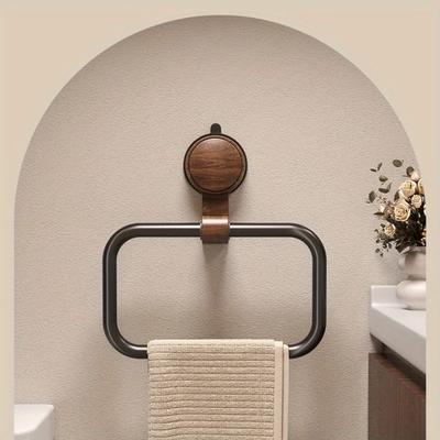 Vintage Walnut Wood Towel Ring with Suction Cup Mount, No-Drill Wall-Mounted Bathroom Towel Holder, Stainless Steel Frame