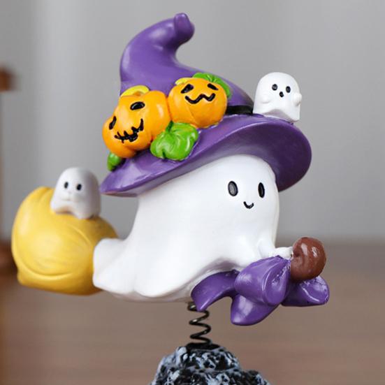 Halloween Ghost Figurine Cute Flying Ghost on Broom with Spring Resin Small Ghost Sculpture Tabletop Decoration for Living Room Entryway Bookshelf