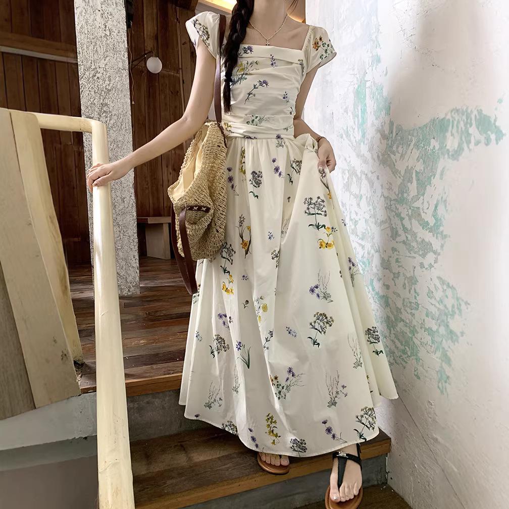 French Floral Square Neck Puff Sleeve Summer Dress for Women - 2026 Beach & Tea Party