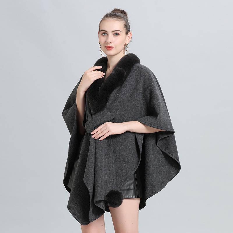 Autumn/Winter Knitted Scarf Shawl Cape with Fur Collar and Pom-Poms (Style 0962#)
