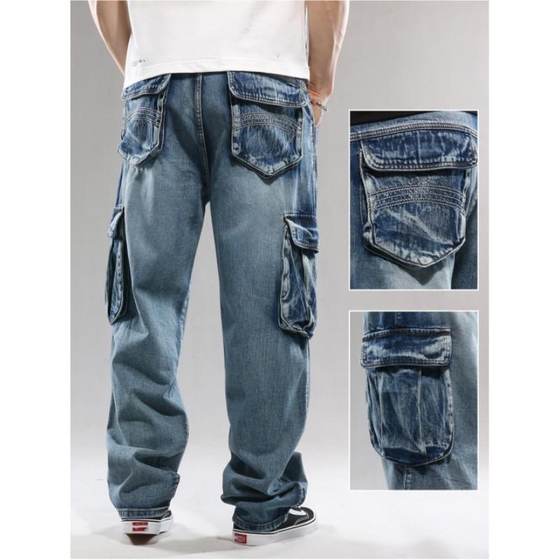 Men's Hip-hop Skateboarding Multi Pocket Workwear Jeans, Oversized Loose Wide Leg Pants