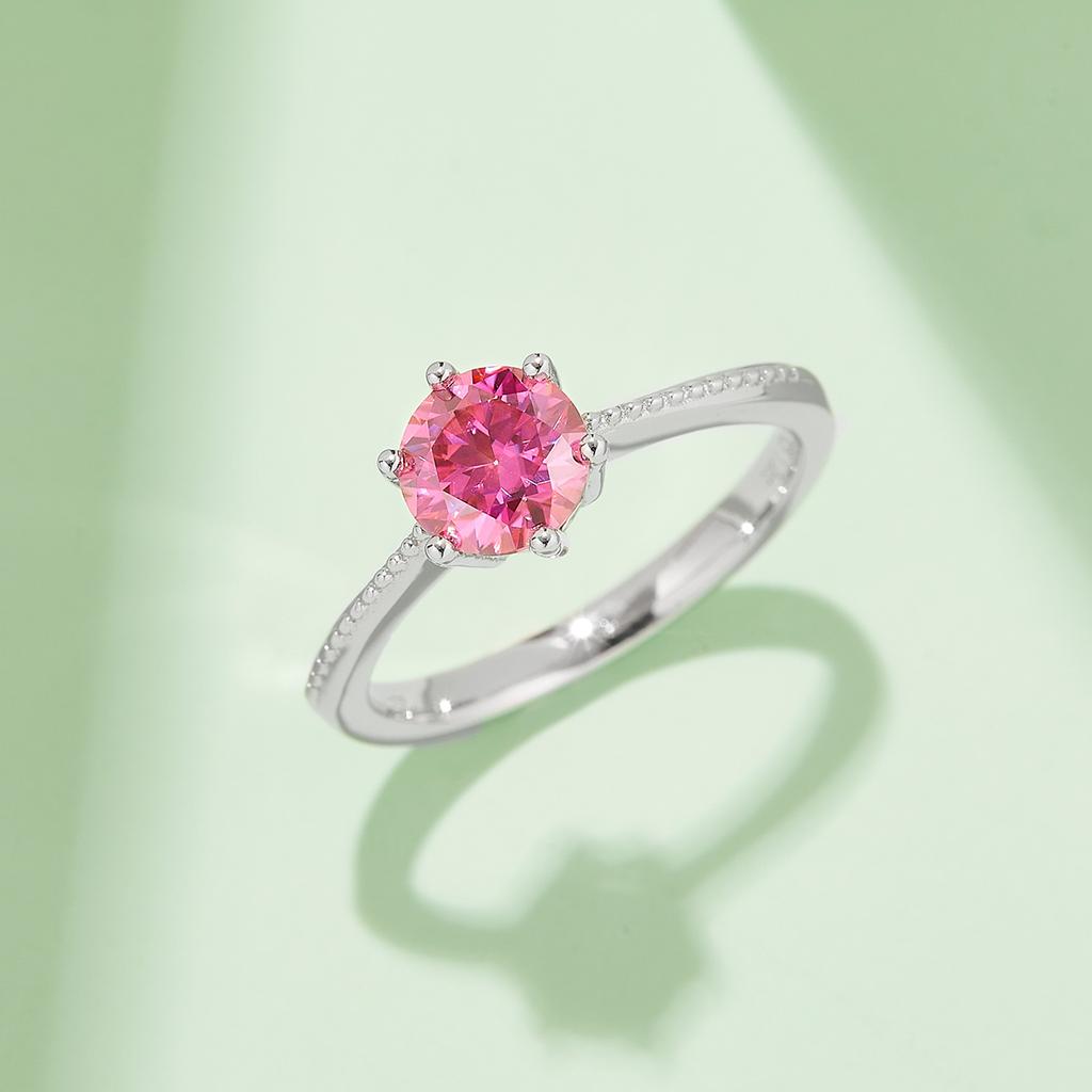 Luxury Engagement Straight Shank Beaded Edge Promise S925 Sterling Silver Rhodium Plated 1CT D Color Moissanite Ladies Ring