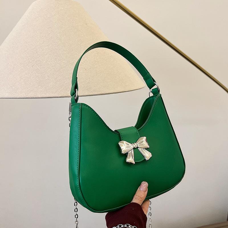 Sweet Solid Color Bow Handbag Women's 2025 New Trendy Fashion Niche Underarm Bag Chain Messenger Bag