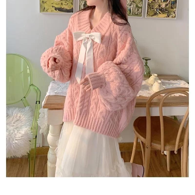 Toamnă Iarnă haine de damă femei largi decolteu în V fundă pulover cu mânecă lungă pulover dulce cald tricotat top feminin