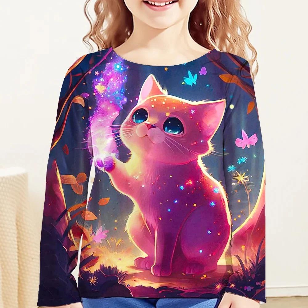 Cute Cartoon Cat Children's 3D Digital Printing Girl Fashion Trend Round Neck Long Sleeved T-shirt