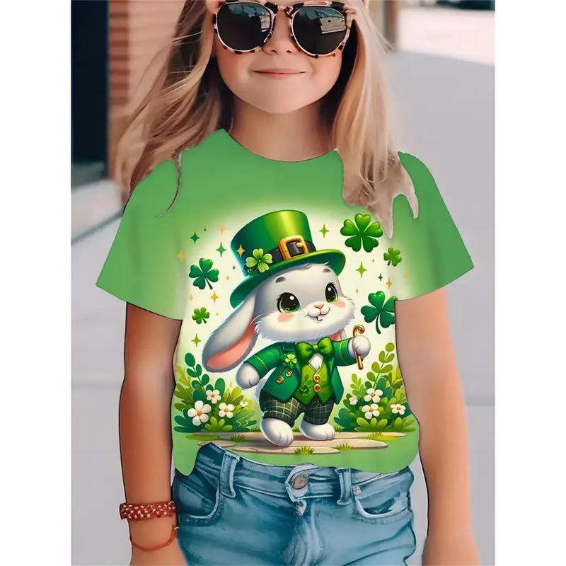 Fashionable Simple Fresh Four Leaf Clover Pattern Girls' Round Neck Pullover Short Sleeved Shirt