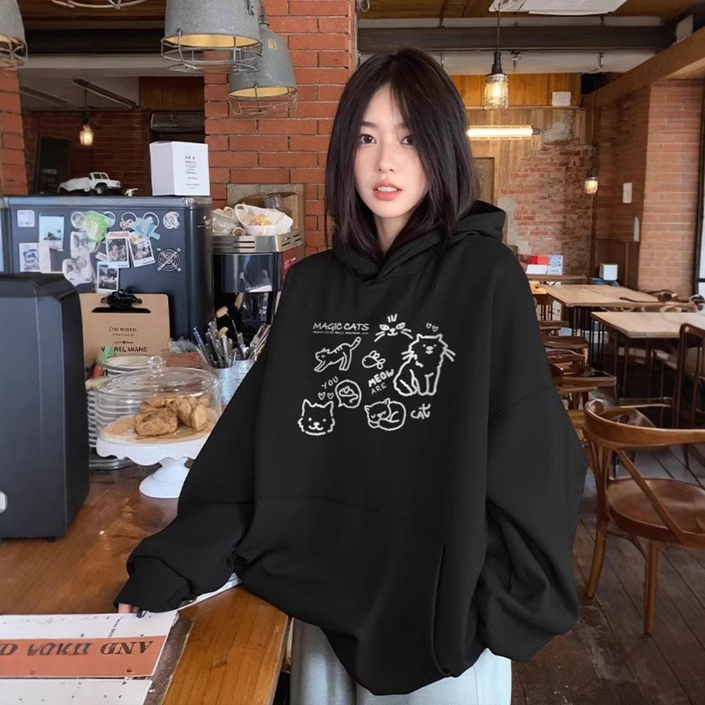Ladies Autumn Winter Casual Hooded Long Sleeve Big Pocket Stick Figure Cat Printed Pullover Hoodies Sweatshirt Top