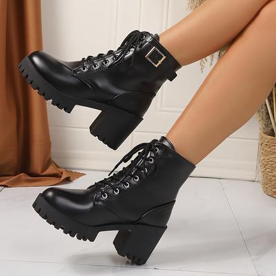 European and American Large Size Autumn New Single Boots Lace-up Black Martin Boots Round Head Thick Heel High Heel Belt Buckle Women's Short Boots