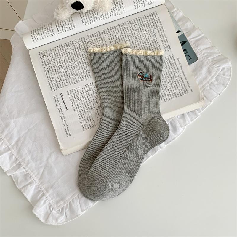 Cartoon Puppy Embroidered Lace Socks for Women's Autumn and Winter Pure Cotton Mid-calf Socks, Trendy Pile Socks