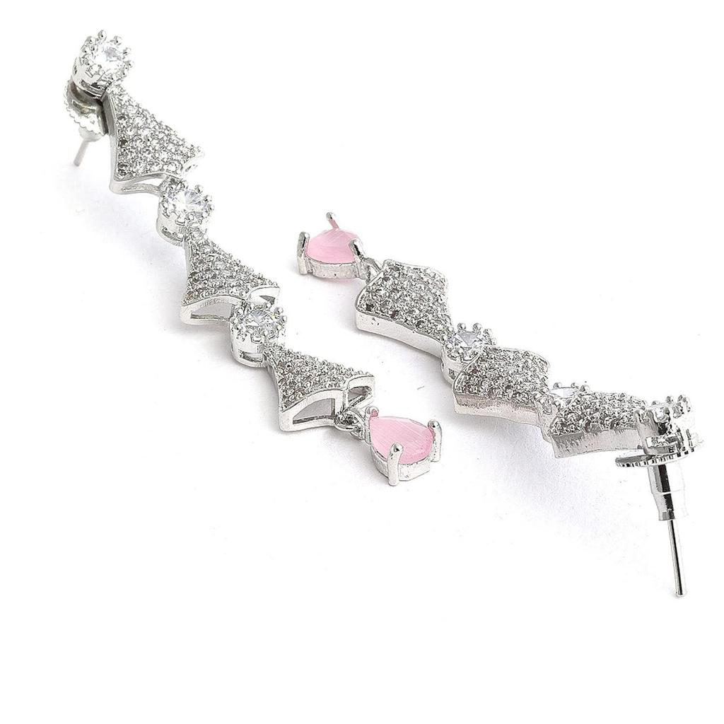 Rhodium Plated Silver Toned White American Diamond Studded Necklace With Earring Jewellery Set For Woment and Girl