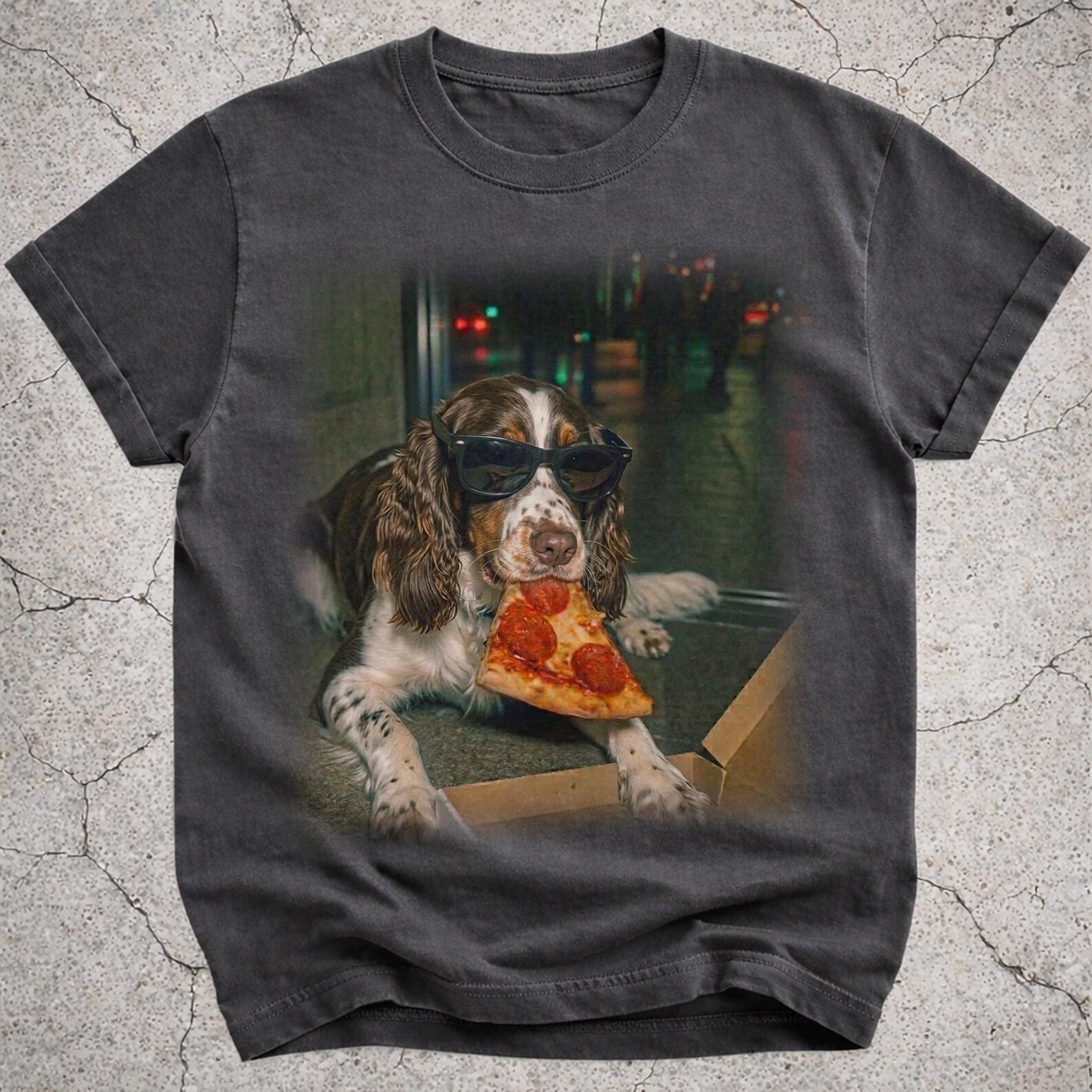 English Springer Spaniel Eating Pizza Shirt, Funny Dog Meme Tee, Springer Owner Gift, Pizza Lover Graphic T-Shirt S