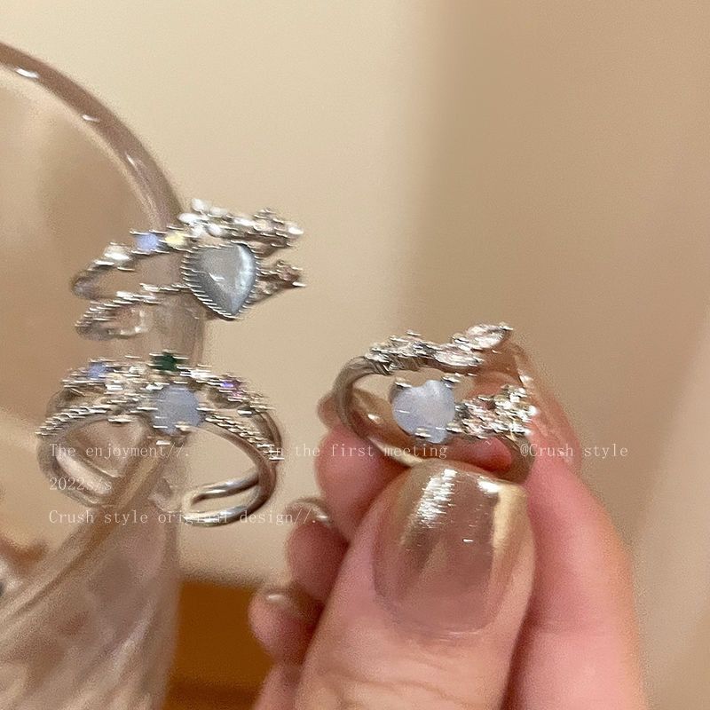 Sea blue love moonlight zircon open ring women's light luxury niche design sense index finger ring temperament adjustable ring