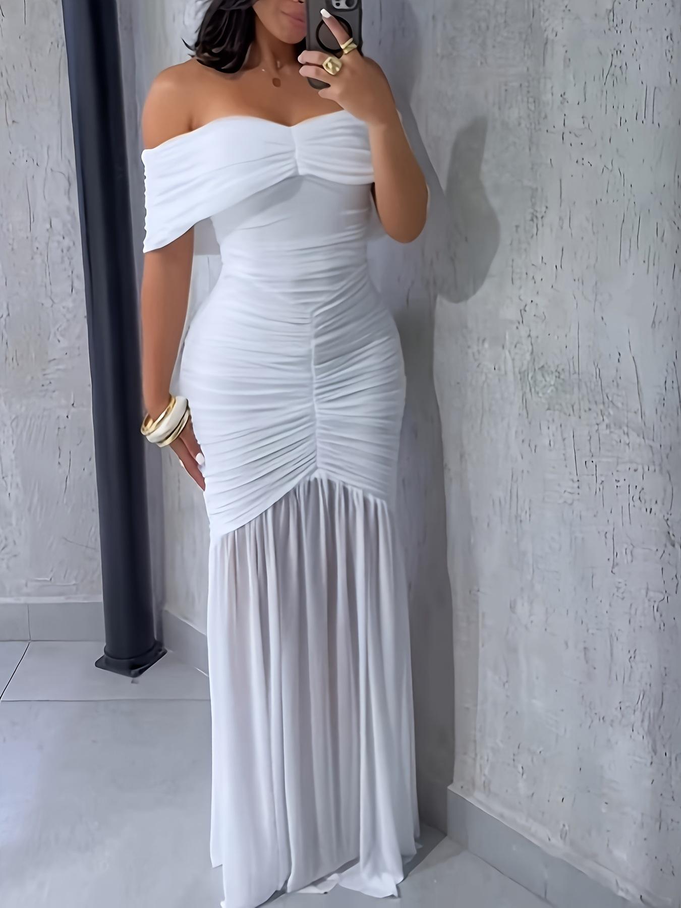 Women White Off Shoulder Bodycon Mermaid Floor Length Evening Dress S