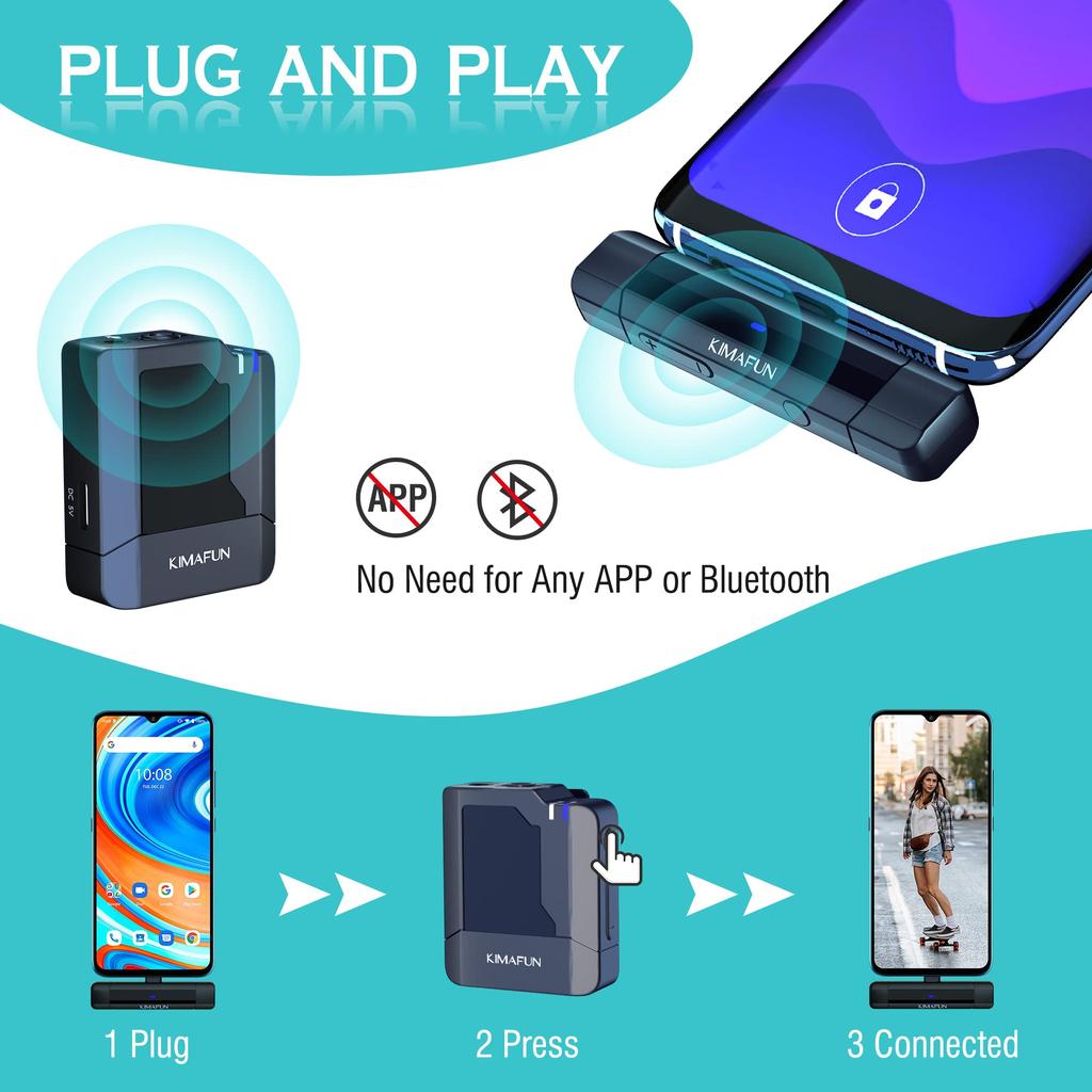 KIMAFUN Wireless Lapel Microphone for Android Plug Instant Noise Sound No App 50M Transmission 6 Hours of Continuous Compatible with Video Live and