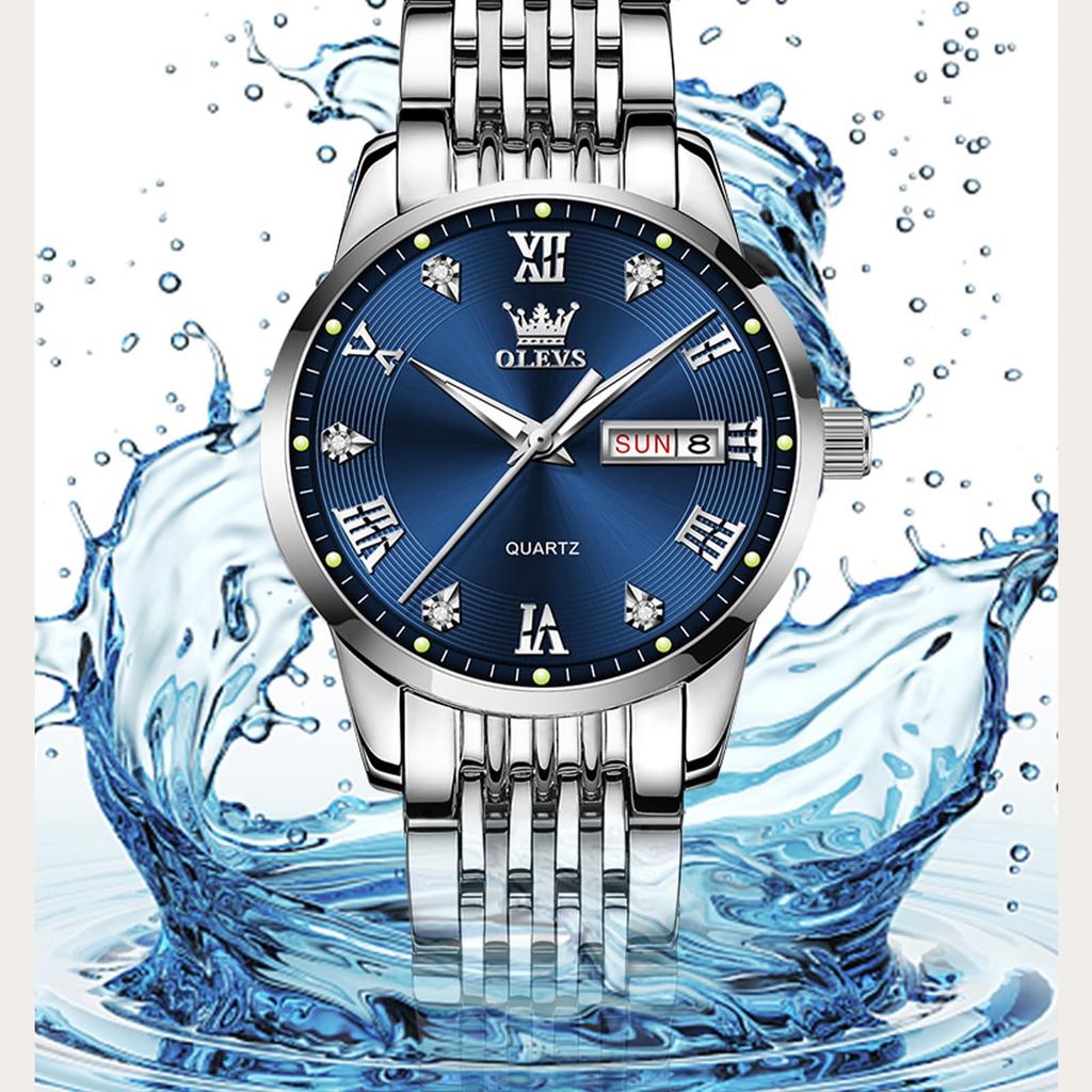 OLEVS Armbanduhr, beliebte wasserdichte, leuchtende Analoguhr, Armbanduhr für Damen, Marken-Business-Damenuhr, Datum, blaues Zifferblatt, modisch, analog, Quarz, silberfarben, Edelstahl