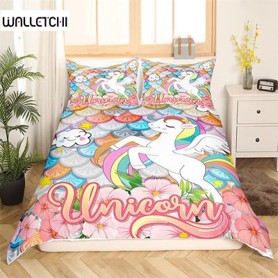 Cartoon Unicorn Duvet Cover Mermaid Scale Bedding Set Geometric Pattern Comforter Cover Twin Full For Kids Girls Teen Room Decor