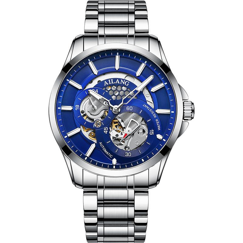 AILANG Men Automatic Mechanical Wristwatch Hollow Skeleton Dial Stainless Steel Band Business Sport Male Watch