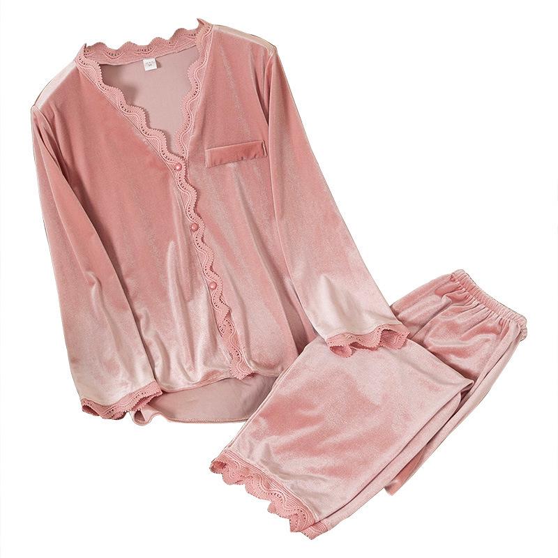 Damen Pyjama aus goldenem Samt mit Spitze - Dick, süß, hochwertig, zweiteilig, langärmlig für Herbst & Winter, geeignet für Outdoor-Bekleidung