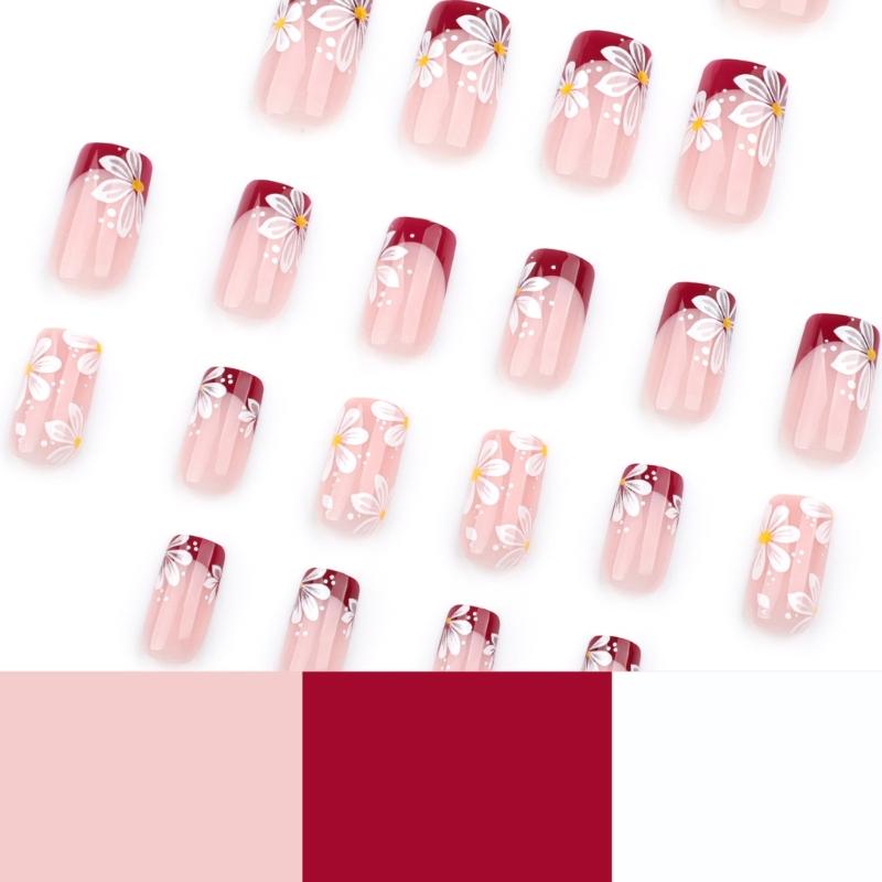 24 Pcs Flowers Artificial Nail French Tip Press On Nail Short Square Stick On Nail Glossy False Nail for Party