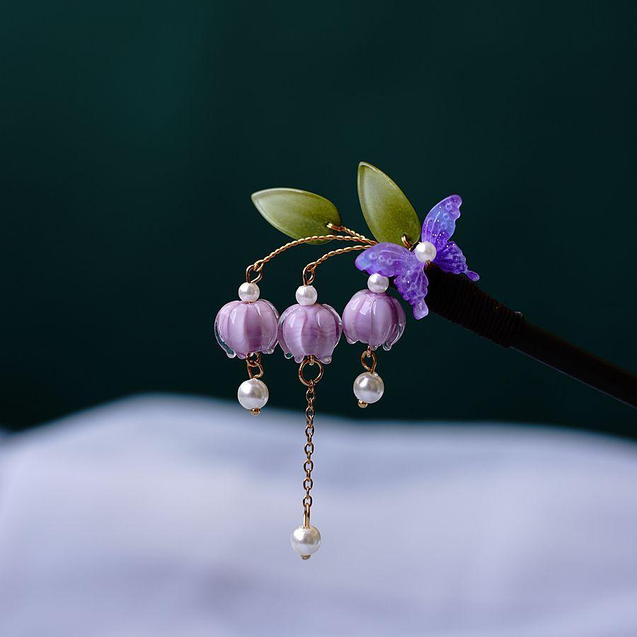 Ancient Style Magnolia Hairpin Artificial Transparent Glass Flower Tassel Hair Stick Wooden Simple Updo Hairpin New Year Gifts