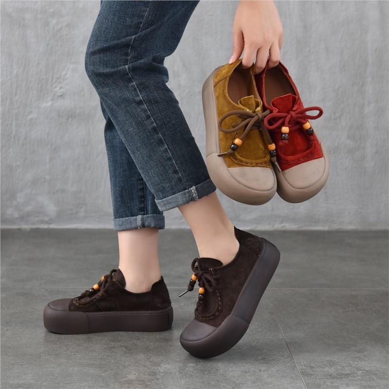 Johnature Genuine Leather Thick Sole Women's Shoes Round Toe Lace-up Versatile Casual Flat Platform Shoes