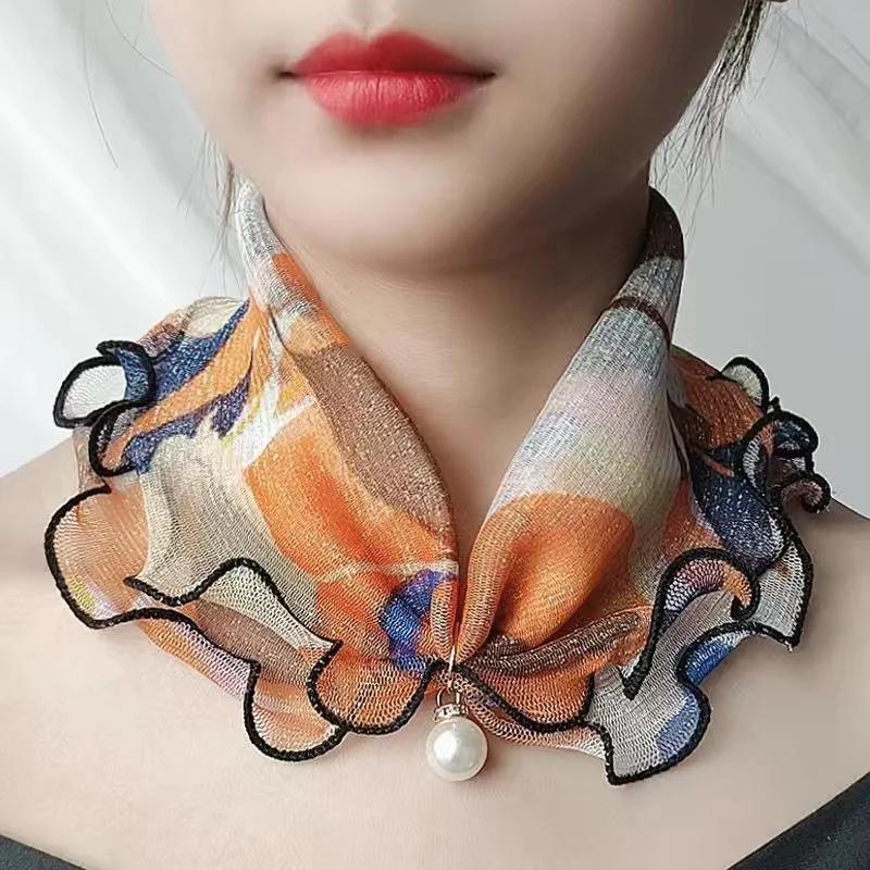 Neck Collar Print Shiny Variety Loop Scarf Ruffle Lace Scarf Pearl Pendant Organza Chiffon Scarves Bandana Headband