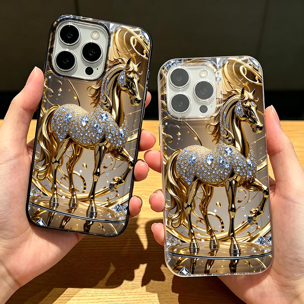 Pattern Diamond-Encrusted Golden Horse Phone Case For Iphone 17 Pro Max 16 15 Pro 14 13 12 11 17 Air 16 Plus Soft Clear Cover