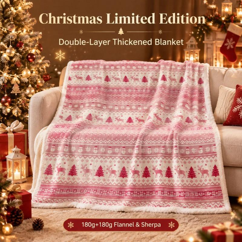 Christmas Flannel Sherpa Blanket Double Layer Thick Warm Throw Couch Napping Holiday Gift