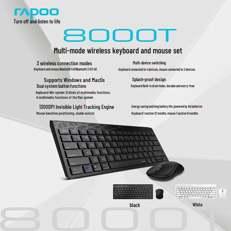 Rapoo 8000GT Wireless Bluetooth Keyboard Mouse Combo