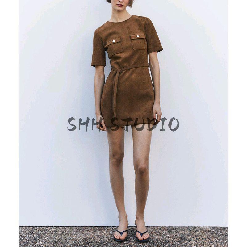 Women's Spring Clothing Fashion Style round Neck Short Sleeve with Belt Suede Texture Effect Dress 4344157