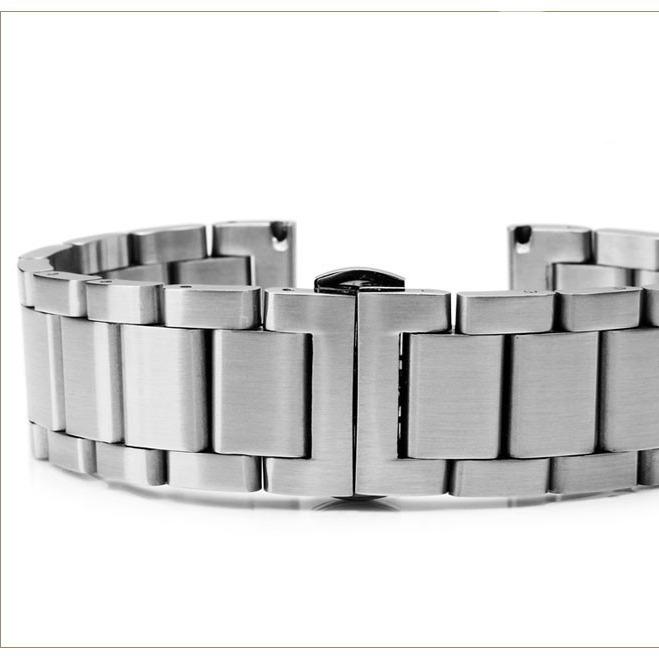 Solid Longjing Steel Watch Band – Three-Bead Men's Brushed Metal Strap