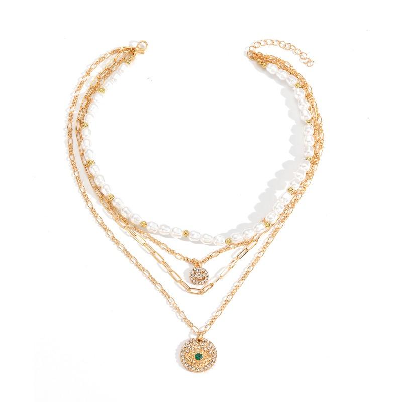 Temperament cold wind imitation pearl necklace retro light luxury diamond-encrusted smiley face devil's eye multi-layer necklace