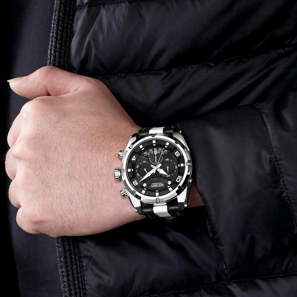 Megir Outdoor Sports Quartz Watches Men Top Luxury Brand Chronograph Leather Waterproof Wristwatches