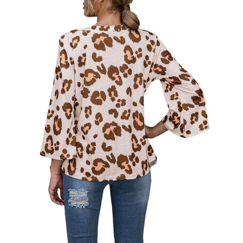 Summer Explosion Models Leopard Print Round Collar Nine Points Trumpet Sleeve T-shirt