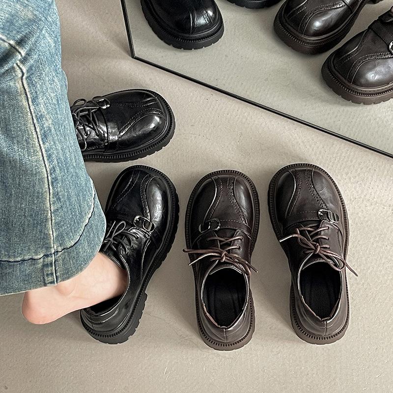 British style thick heel high heel small leather shoes women's summer fashion retro lace-up skirt single shoes thick sole shallow mouth loafers