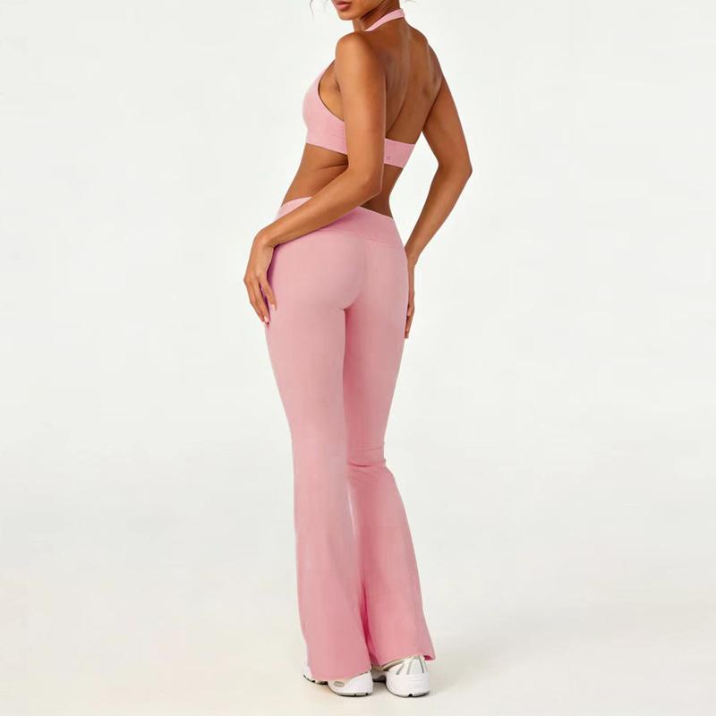 European and American yoga suit running fitness sports underwear Pilates folding flared pants training suit two-piece set
