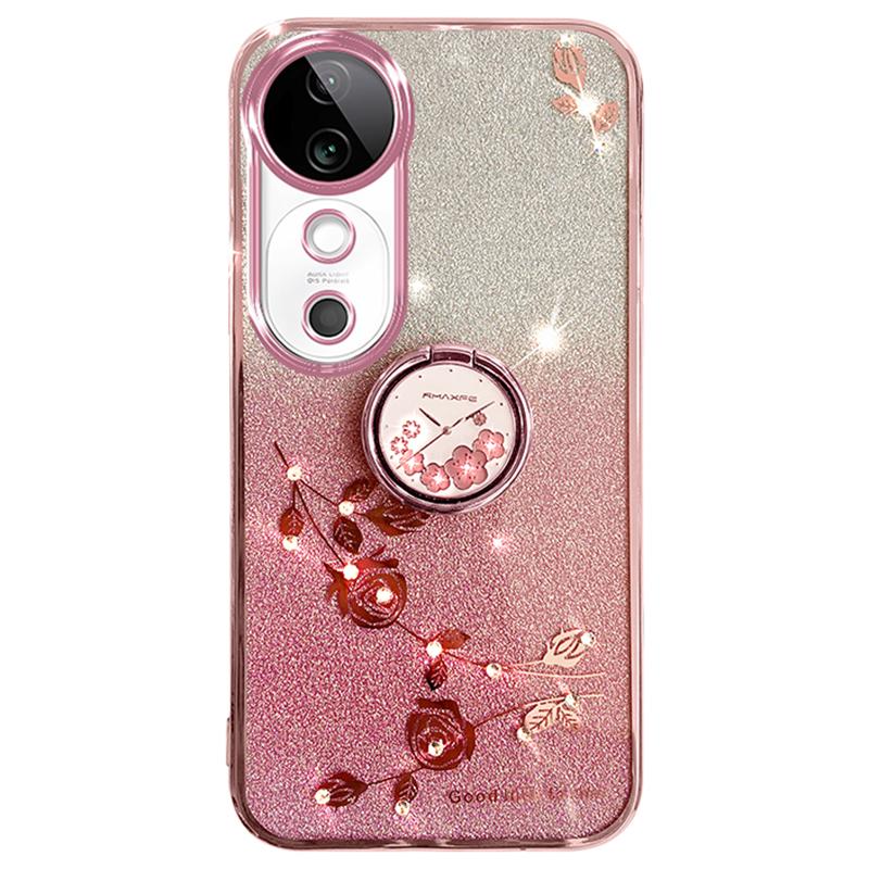

For vivo S19 5G Case Gradient Flowers Glitter TPU Phone Cover with Ring Kickstand Rose Gold