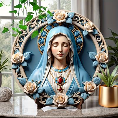 Unique 8 X 8 Inch 'Virgin Mary' Rose Circular Wood Wall Decoration Art, Seasonal Festival Gift, Simple and Stylish Toilet Door Hanging Decor, Unisex
