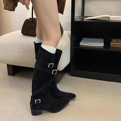 Stiefel Damen neue spitze Gürtelschnalle Ritterstiefel dicker Absatz Schaft hohe Stiefel modische Stiefel mit weitem Schaft