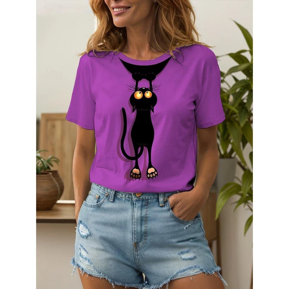 Letní Vzor Zvíře Kočka Potisk Móda Klasický Krátký Rukáv Kulatý Výstřih Top Oversized Dámské Oblečení