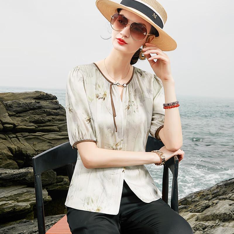 XUEXI Women s New Chinese Style Mulberry Silk T-Shirt XL