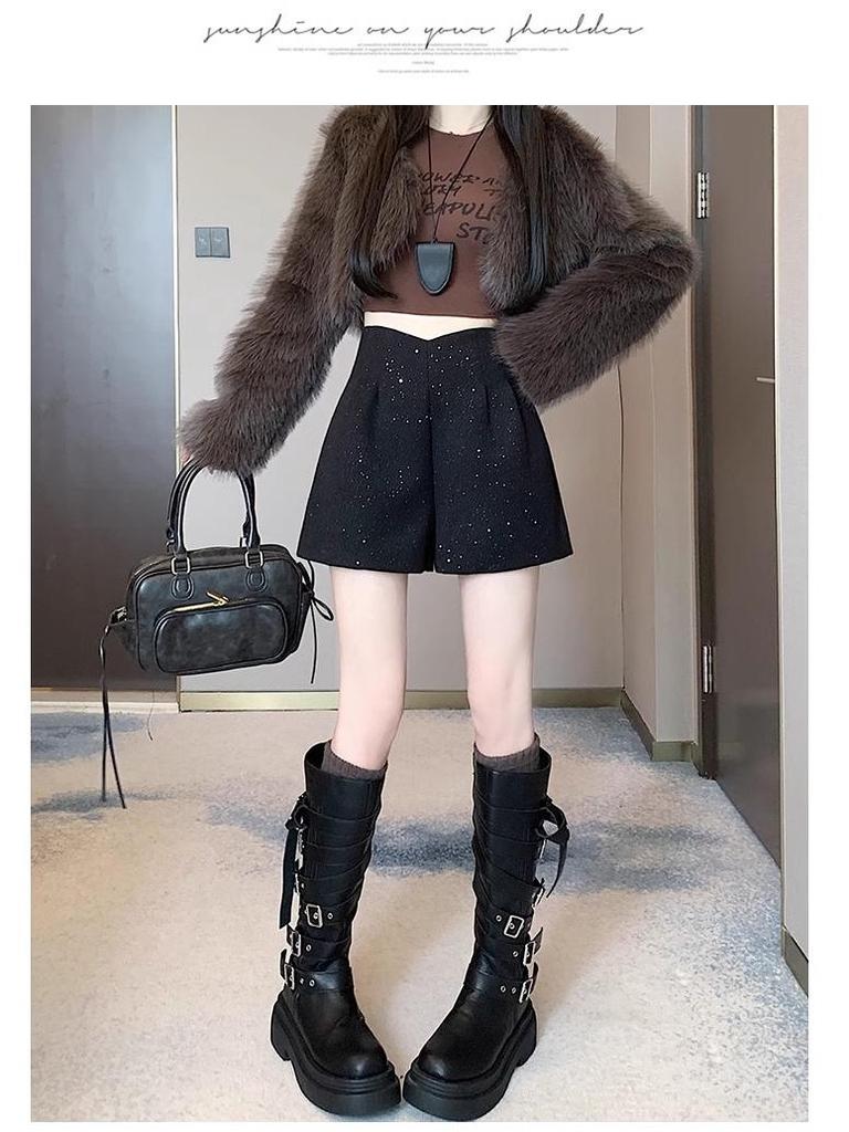 2024 Wool High-Waisted Wide-Leg Shorts for Women - Autumn/Winter Sequin Casual Pants with Boots