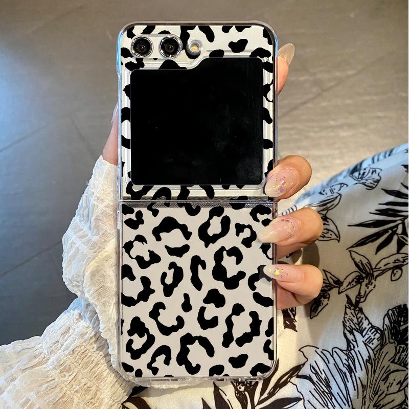 Transparent Leopard Pattern Folding Phone Case For Samsung Galaxy Z Flip 7 6 5 4 3 5G Hard Cover For Samsung Z Flip7 Flip6 Flip5