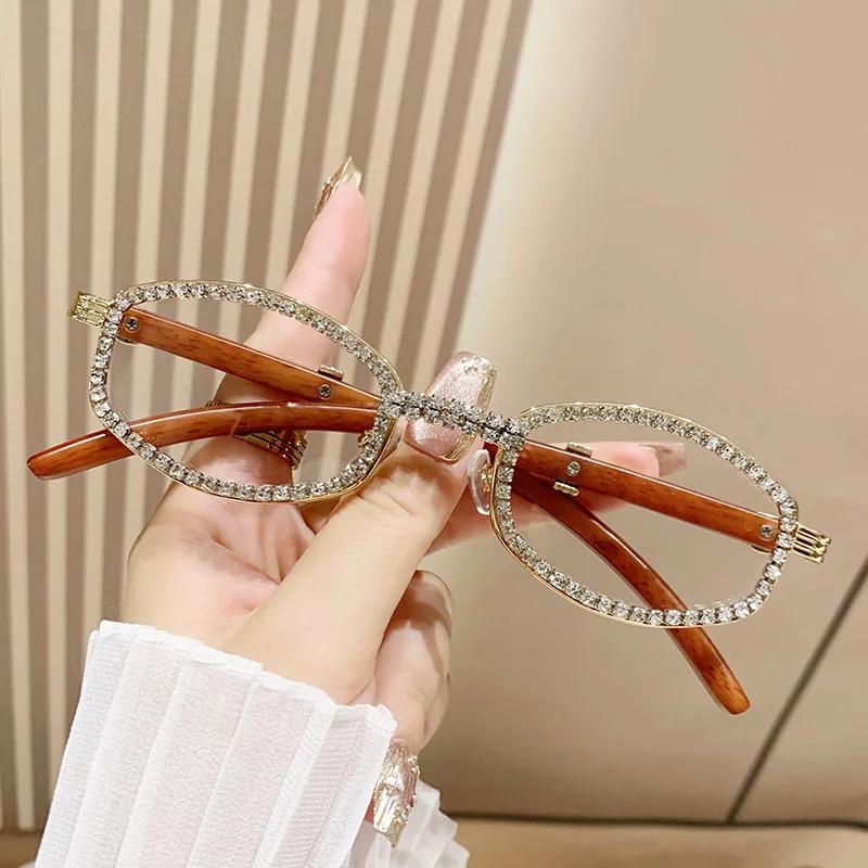 Oval Vintage Diamond Sun Glasses For Men  Women  Wood Grain Temple Sunglasses Outdoor Leisure UV400 Eyewear