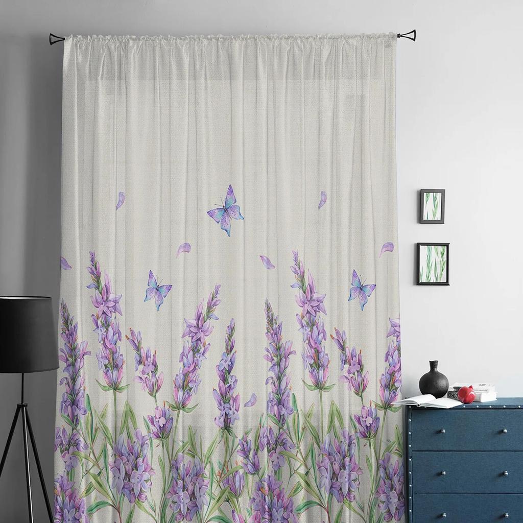 Watercolor Lavender Flower Butterfly Sheer Curtains For Living Room Bedroom Home Decor Kitchen Tulle For Windows Voile Drapes