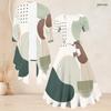 Women Plus Size Abstract Printed Two Piece Set Long Sleeve Cardigan Square Neck Short Sleeve Tie Waist Flared Dress