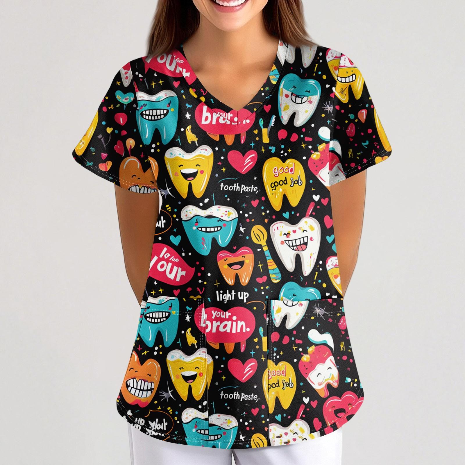 

Большие размеры, печатные рабочие униформы, топы для женщин, крестообразный V-образный вырез, принт на Хэллоуин, короткий рукав, забавные футболки, рабочая одежда, футболка с карманами XXL коричневый